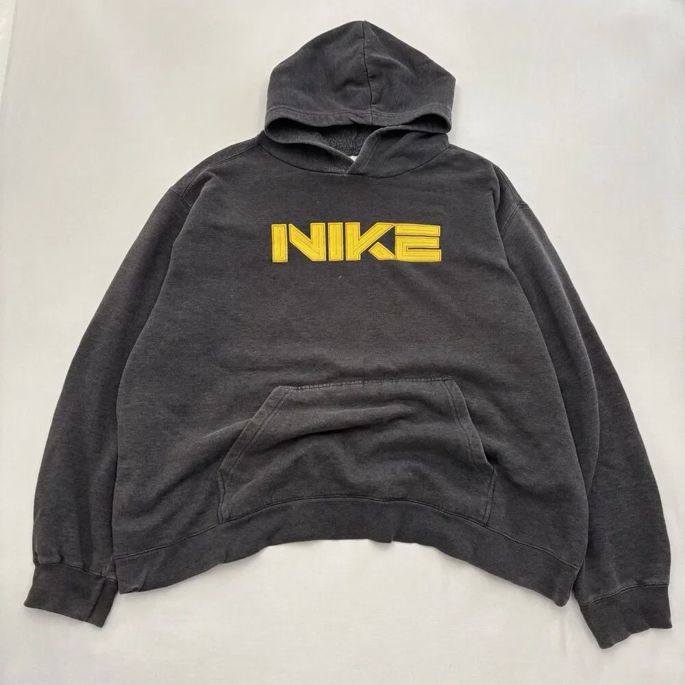 Vintage Nike XXL Gray Hoodie Big Yellow Embroidered Spell Out Logo Pullover Y2K